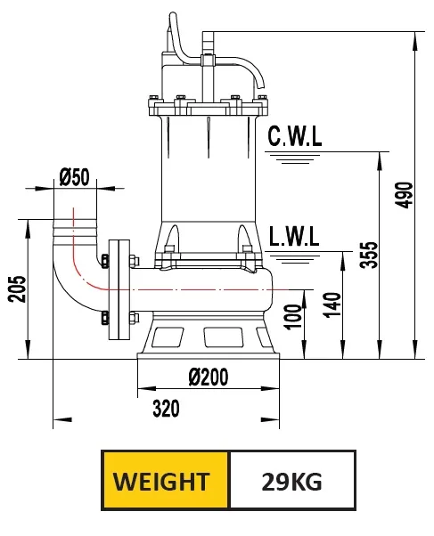 1.1 kW Raw Sewage Pump, 220 V, 50 mm Outlet, Cutter Inlet 1.1 kW 220 V cast iron raw sewage pump with cutter inlet, 50 mm outlet, side view