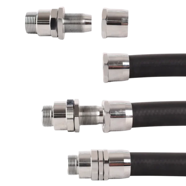 1 inch NPT non-swivel reusable fuel hose fitting in chrome-plated brass