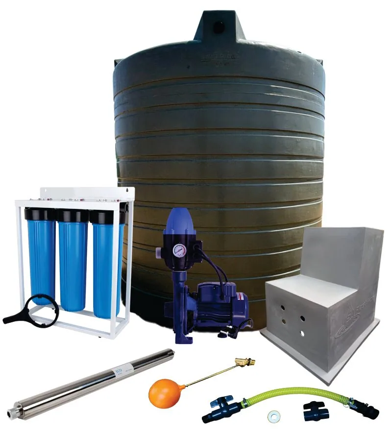 10 000 L Full House Tank Combo, 0.75 kW Monoblock Pump 10 000 L tank kit with 0.75 kW pump, filter housings and UV light
