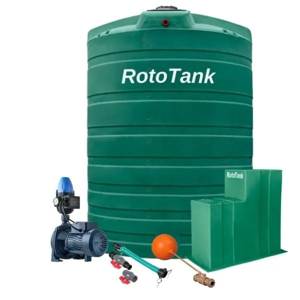 10 000 L Tank and 1.1 kW Booster Pump Combo with Controller, 32 mm Kit 10 000 L water tank in green, grey and tan colour options