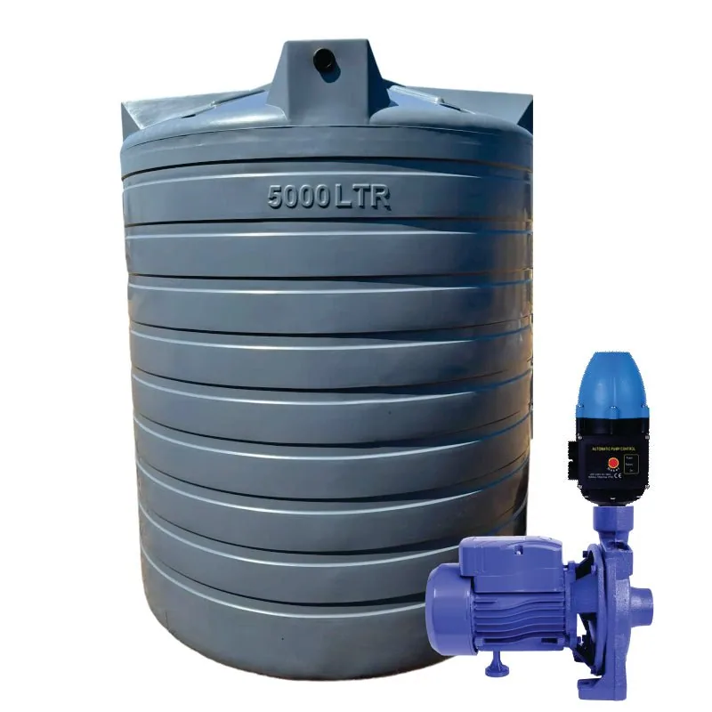 10 000 L Water Tank with 0.75 kW Monoblock Pump and Controller Monoblock pump with controller next to a 10 000 L tank
