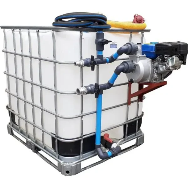 Compact 1000 L IBC bakkie sakkie with 2.8 bar fire pump, petrol engine and spray hose