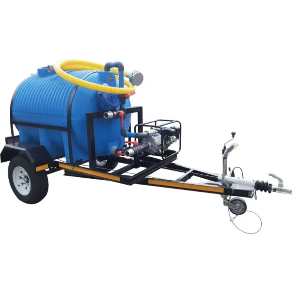 1000 L horizontal honey sucker trailer with braked single axle and 6.5 HP petrol trash pump