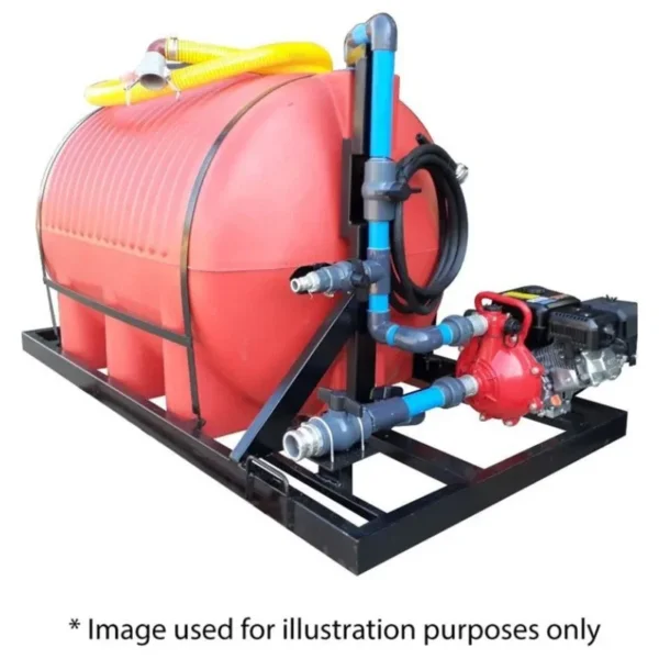1000 L horizontal bakkie sakkie with 9.5 bar 18,000 L/h petrol fire pump and three hose outlets