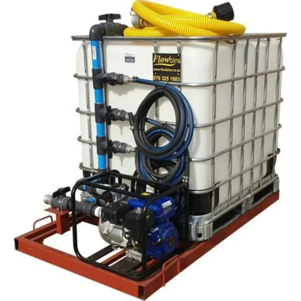 1000 L IBC bakkie sakkie with 7.5 bar fire pump, petrol engine and three-outlet manifold