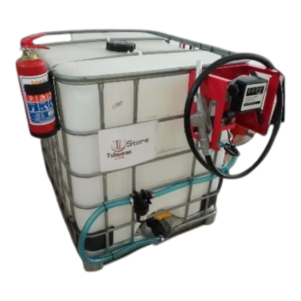 1000 L IBC diesel bowser in steel cage with 12V pump, flow meter, fuel filter, hose and nozzle