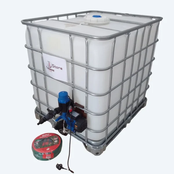 1000 L IBC water tank in steel cage with 0.37 kW peripheral water pump fitted
