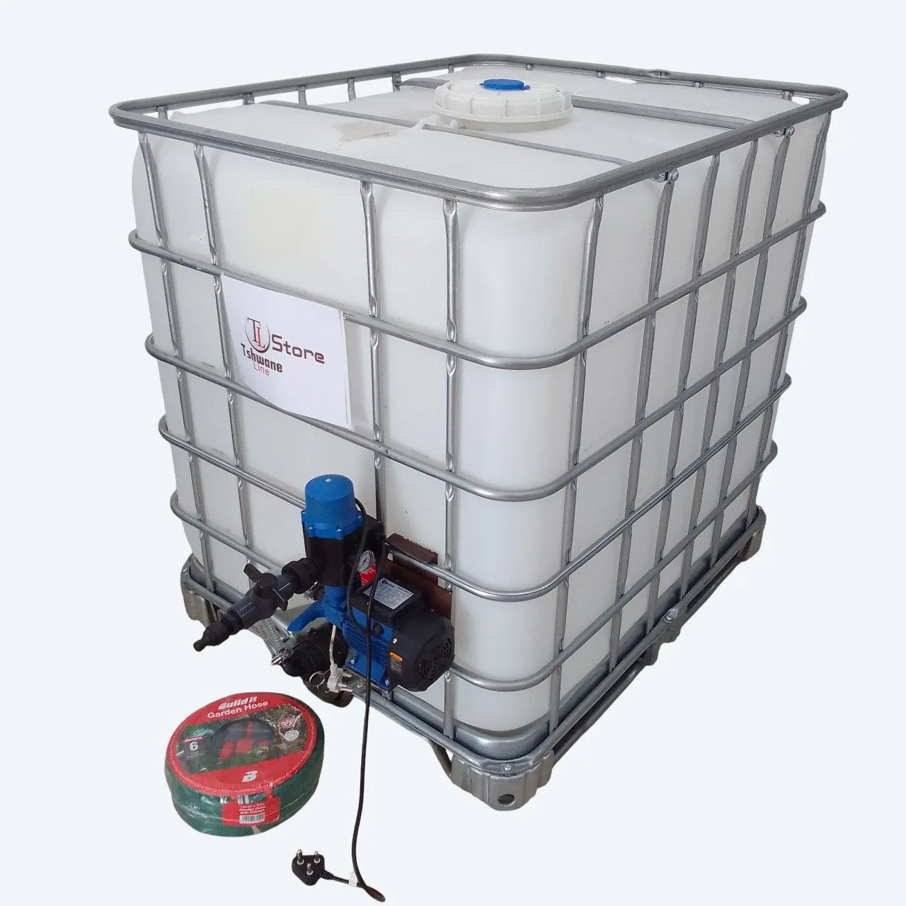 1000 L IBC Water Tank with 0.37 kW Peripheral Pump 1000 L IBC water tank in steel cage with 0.37 kW peripheral water pump fitted