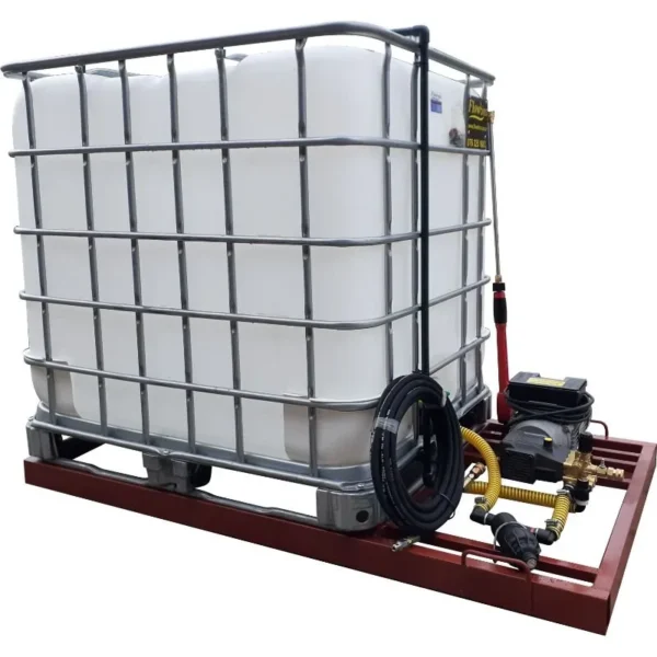 1000 L pressure washer skid, 2.2 kW electric motor, 100 bar, front three-quarter view