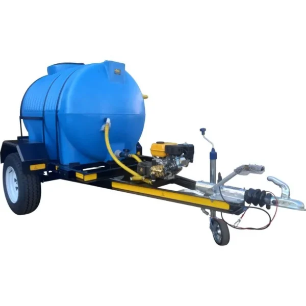 1000 L trailer pressure washer, 186 bar petrol, horizontal tank, braked