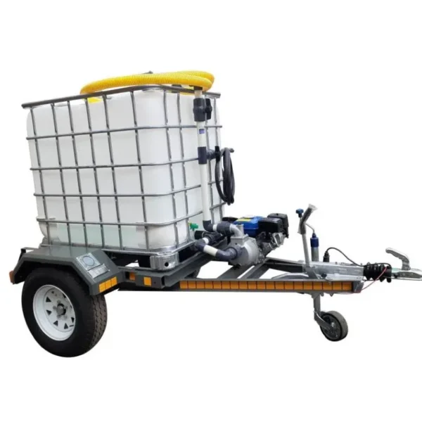 1000 L braked single-axle water bowser trailer with 2.8 bar petrol pump and single outlet