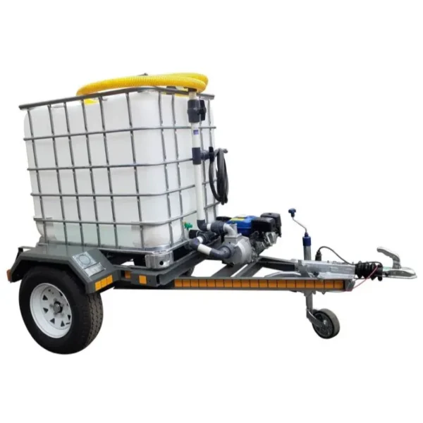 1000 L unbraked single-axle water bowser trailer with 2.8 bar petrol pump and single outlet