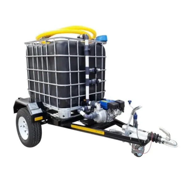 1000 L braked single-axle water bowser trailer with 2.8 bar petrol pump and exec kit with an extra layflat hose