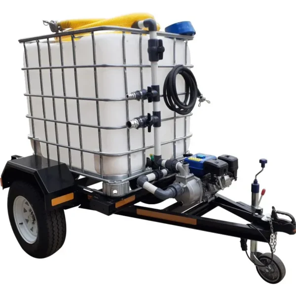 1000 L unbraked single-axle water bowser trailer with 2.8 bar petrol pump and exec kit with an extra layflat hose