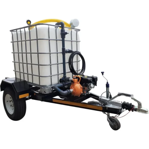 1000 L braked single-axle water bowser trailer with 7 bar petrol pump and single outlet