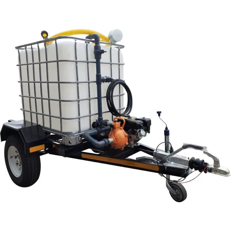 1000 L Water Bowser Trailer, 7 Bar Pump, 1 Outlet, Braked 1000 L braked single-axle water bowser trailer with 7 bar petrol pump and single outlet