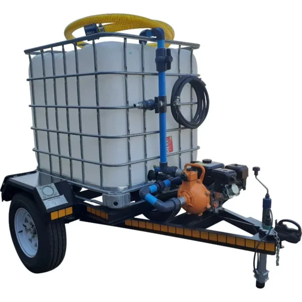 1000 L unbraked single-axle water bowser trailer with 7 bar petrol pump and single outlet