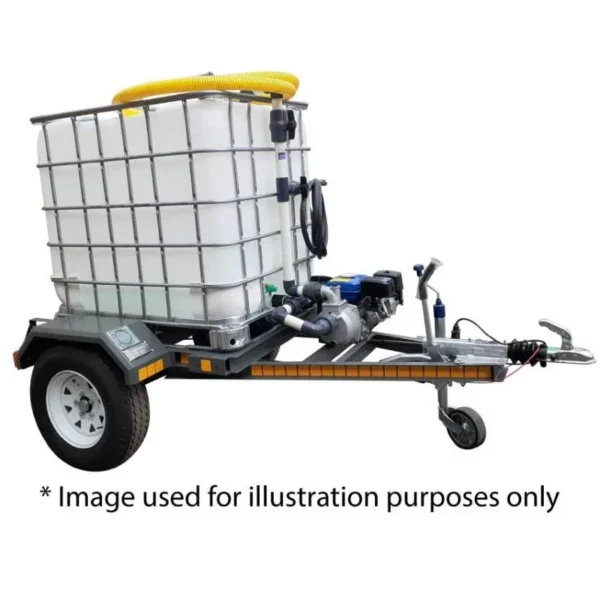 1000 L braked single-axle water bowser trailer with 7 bar petrol pump and three-outlet manifold