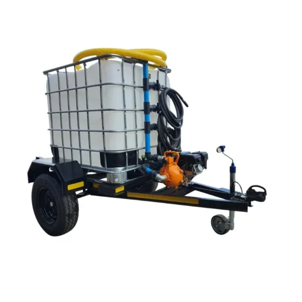 1000 L unbraked single-axle water bowser trailer with 7 bar petrol pump and three-outlet manifold