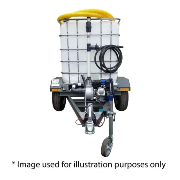 1000 L braked single-axle water bowser trailer with 9.5 bar petrol pump and single outlet