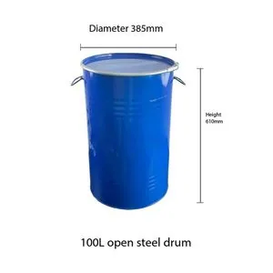 100 L Blue Open-Top Steel Drum, Lacquered Interior, UN Approved Blue 100 litre lacquered steel drum with lid and latch ring