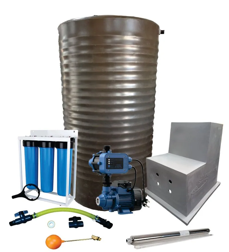 1,200 L Slim Tank Combo, 0.37 kW Economy Peripheral Pump, 23 L/min 1,200 L slim tank combo with 0.37 kW economy peripheral pump, complete kit