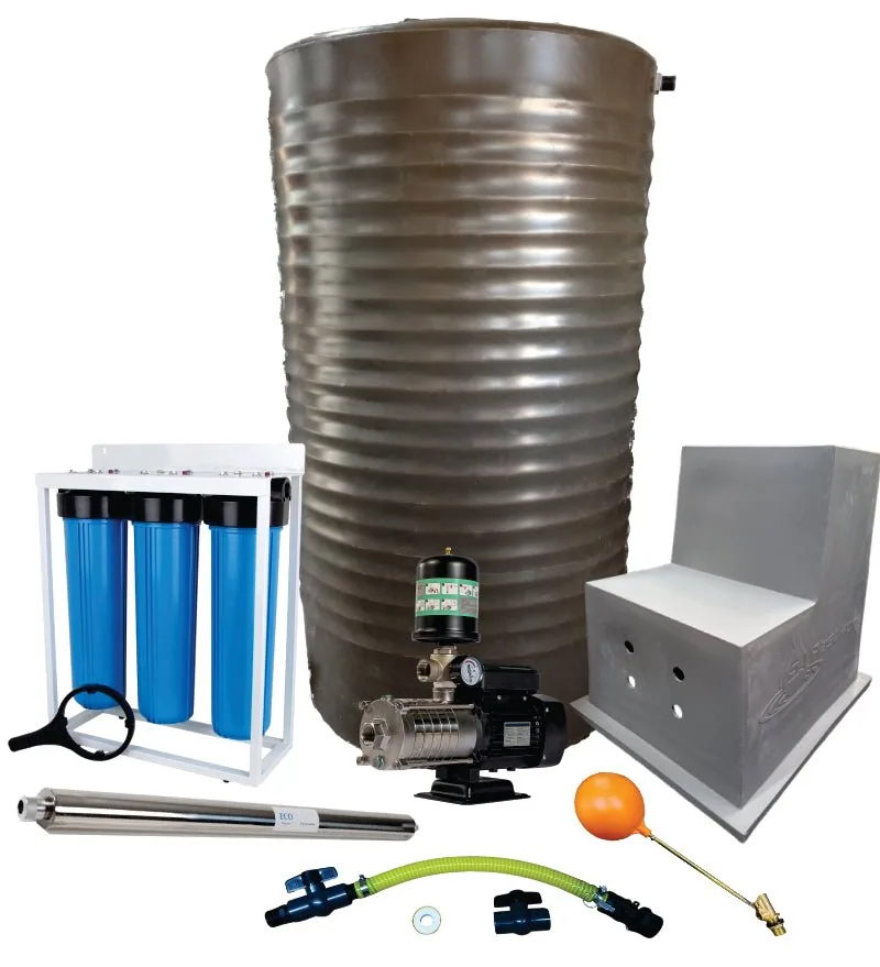 1,200 L Slim Tank Combo, 0.75 kW Intelli VSD Booster Pump, 83.3 L/min 1,200 L slim tank combo with 0.75 kW intelli vsd booster pump, complete kit