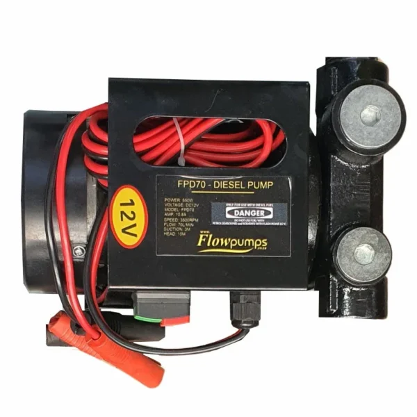 12V cast-iron diesel transfer pump, 70 L/min, with 1 inch BSP inlet and outlet