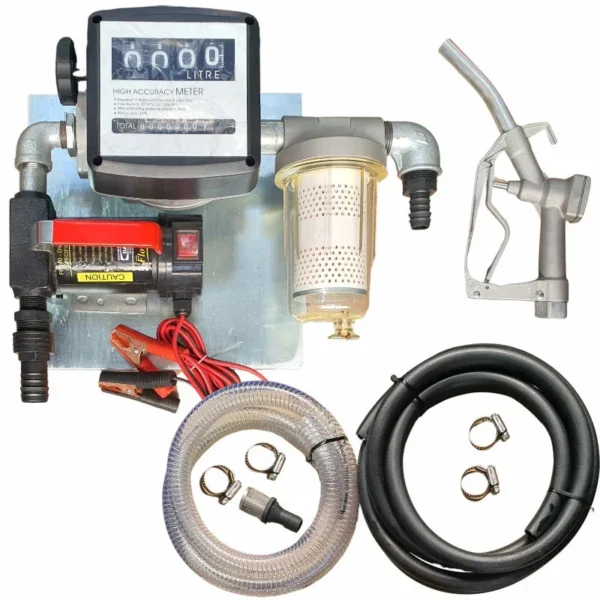 12V 40 L/min diesel pump kit on a wall plate with transparent-bowl dirt filter, hose and nozzle