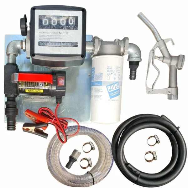 12V 40 L/min diesel pump kit on a wall plate with Piusi water-absorbent filter, hose and nozzle