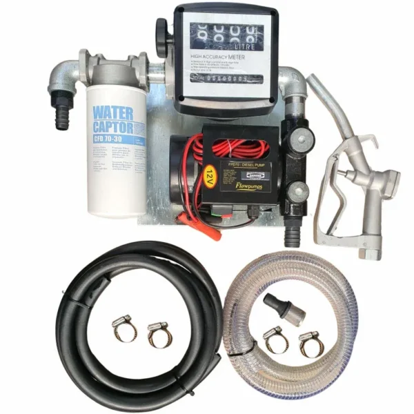 12V 70 L/min diesel pump kit on a wall plate with Piusi water-absorbent filter and 4 m hose