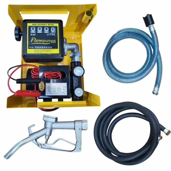 12V 70 L/min diesel pump kit in wall-mount case with flow meter, 4 m hose and manual nozzle