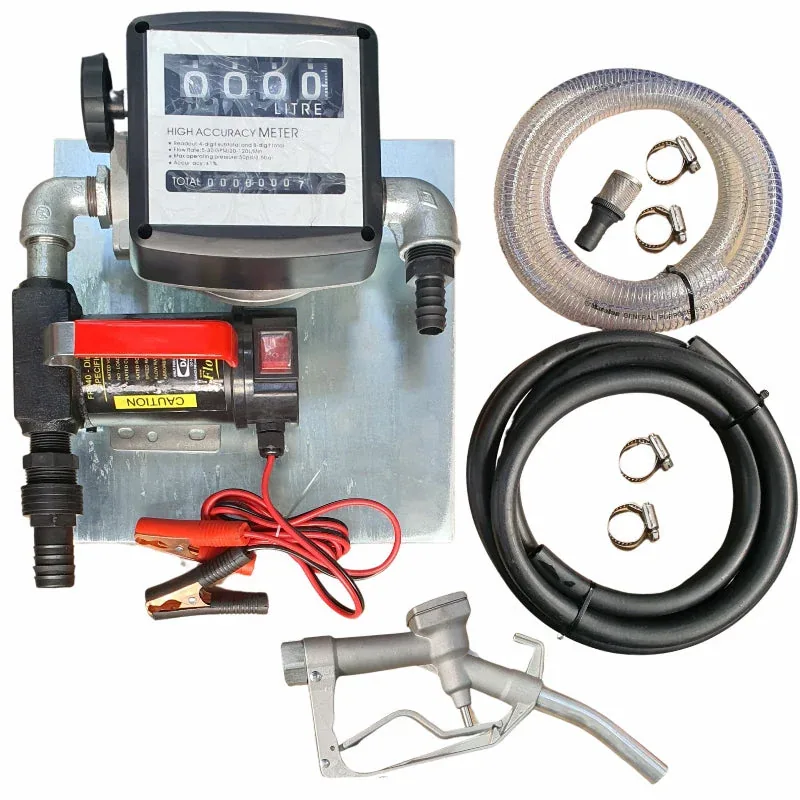 12V Diesel Pump Kit on Wall Plate, 40 L/min, 4 m x 20 mm Hose 12V diesel pump kit, 40 L/min, assembled on a wall-mount plate with 4 m hose and nozzle