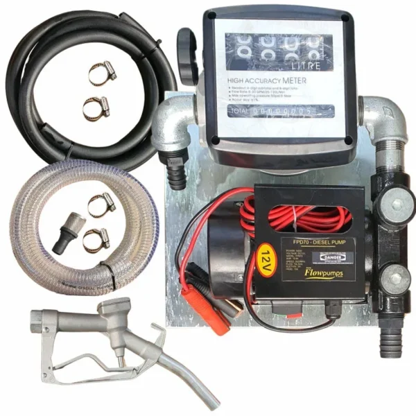 12V 70 L/min diesel pump kit assembled on a steel wall plate with 4 m delivery hose