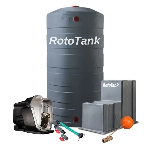 1400 L Slim Water Tank Combo with 0.75 kW Solar-Compatible VSD Pump RUC-750 smart VSD booster pump and pump cover beside a 1400 L slim tank