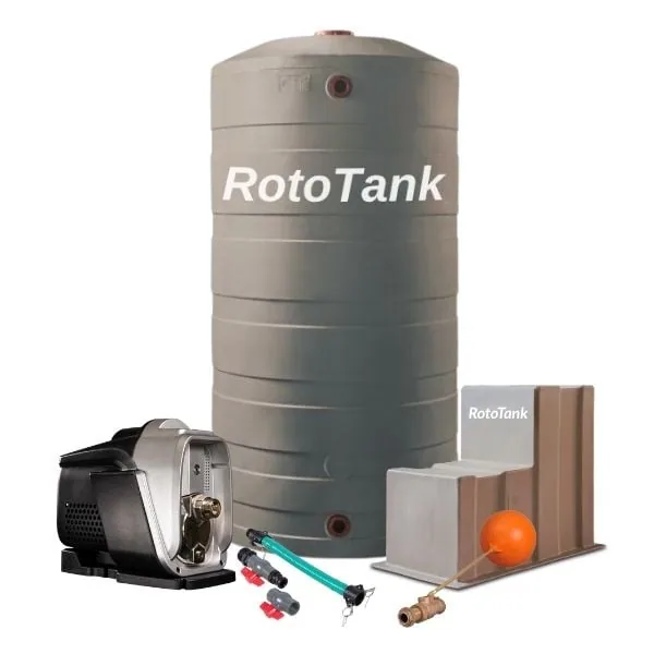 1400 L Slim Water Tank Combo with 0.75 kW Solar-Compatible VSD Pump Suction hose kit and float valve kit supplied with the 1400 L slim tank combo