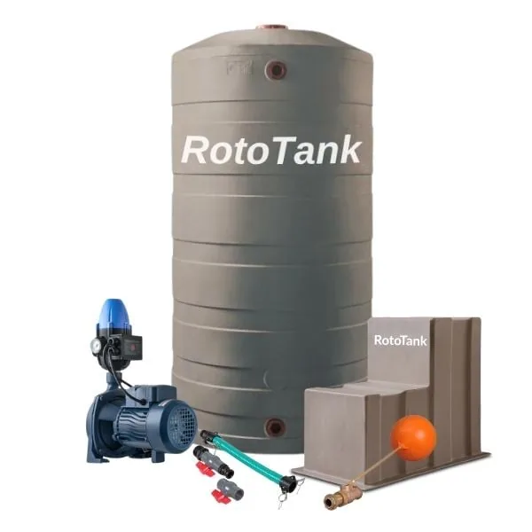 1400 L Water Tank Combo, 0.55 kW Booster Pump Pump, pump cover, suction hose kit and float valve kit supplied with the tank