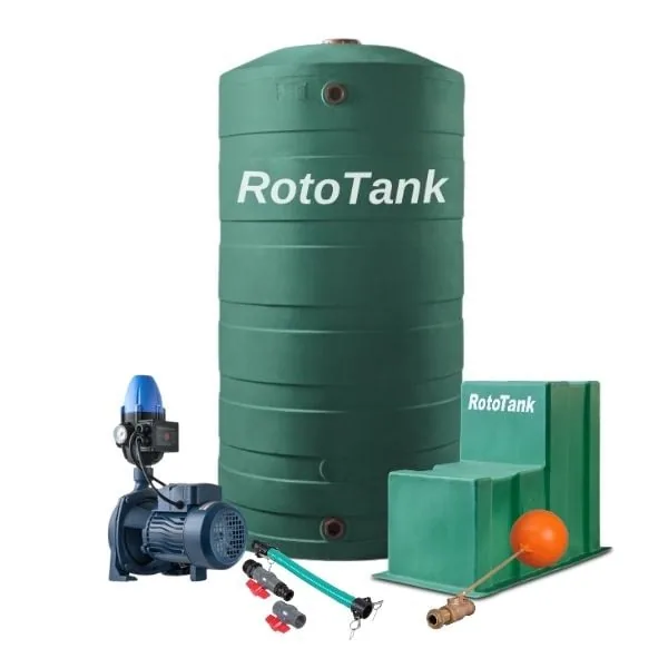 1400 L Water Tank Combo, 0.75 kW Booster Pump Pump, pump cover, suction hose kit and float valve kit supplied with the tank