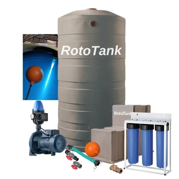 1400 L vertical water tank combo with 0.75 kW booster pump, UV light and filters