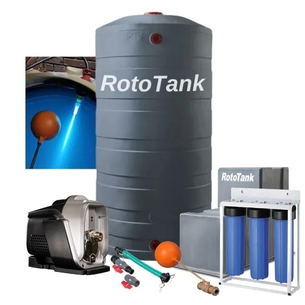 1400 L vertical water tank combo with 0.75 kW booster pump, UV light and filters