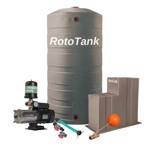 1400 L Water Tank Combo with 0.75 kW HMS Speed Booster Pump, 83.3 L/min HMS750 booster pump under pump cover beside a 1400 L tank