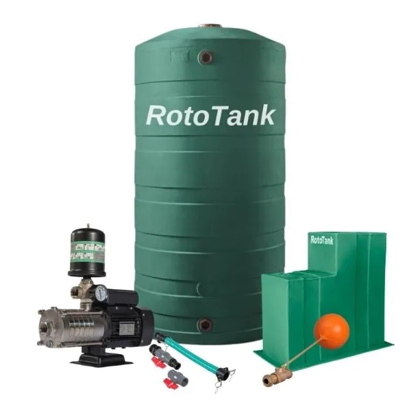 1400 L Water Tank Combo with 0.75 kW HMS Speed Booster Pump, 83.3 L/min Suction hose kit and float valve kit supplied with the 1400 L tank combo