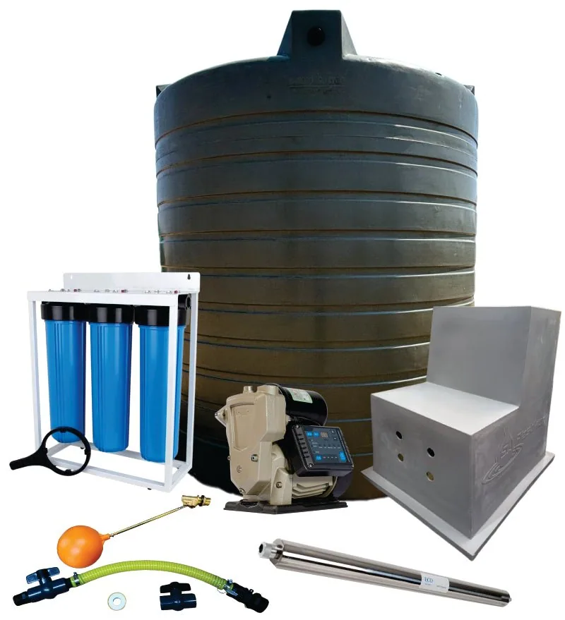 15 000 L Tank and VSP 1.5 kW Variable-Speed Booster Combo 15 000 L water tank with VSP 1.5 kW variable-speed booster combo kit, filter and UV unit