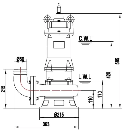 2.2 kW Raw Sewage Pump, 380 V Three-Phase, 50 mm Outlet, 40 mm Solids 2.2 kW 380 V three-phase raw sewage pump with cutter inlet, 40 mm solids, side view