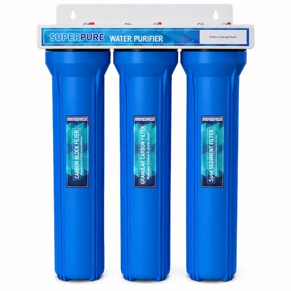 20 Inch Slim 3-Stage Wall-Mounted Water Filtration System Three 20 inch slim filter housings with sediment, GAC and carbon block cartridges