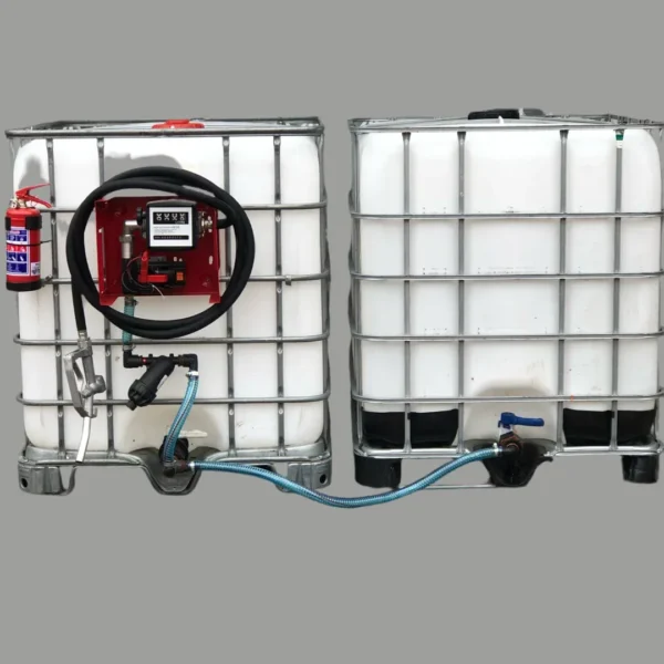 2000 L diesel bowser made from two linked IBC tanks with 12V 40 L/min pump and flowmeter