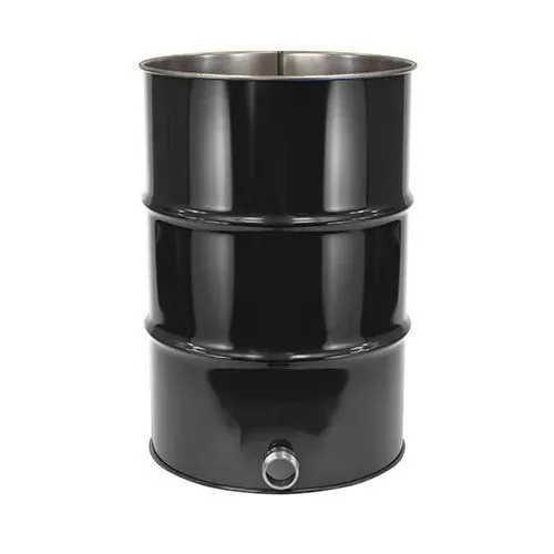 New 210 litre black open-top steel drum with 75 mm bottom outlet