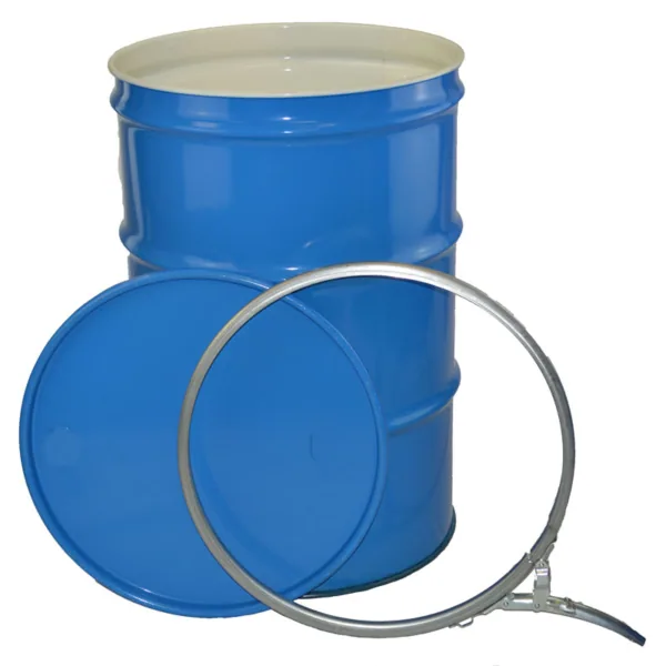 New 210 litre blue open-top steel drum with lacquered interior