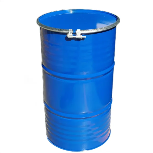 New 210 litre black open-top steel drum with plain interior