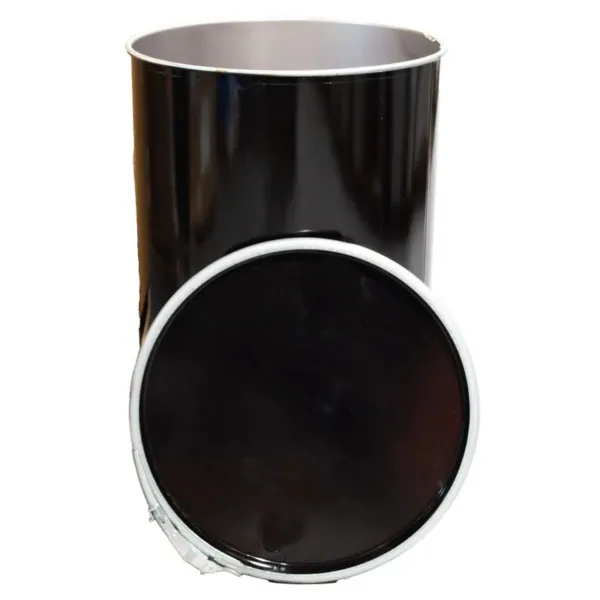 New 210 litre black straight-wall open-top steel drum